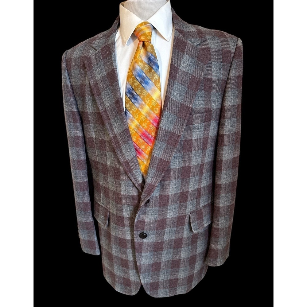 Vintage Hardwick Tweed Wool Maroon Gray Plaid Blazer 44R Slim Sport Coat Jacket